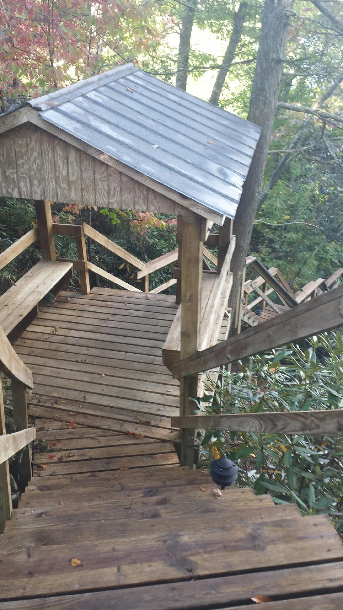 Metal roofed shelter over wooden steps on a wooded walkway — Skylight Repair & Installation work by our crew in Northford